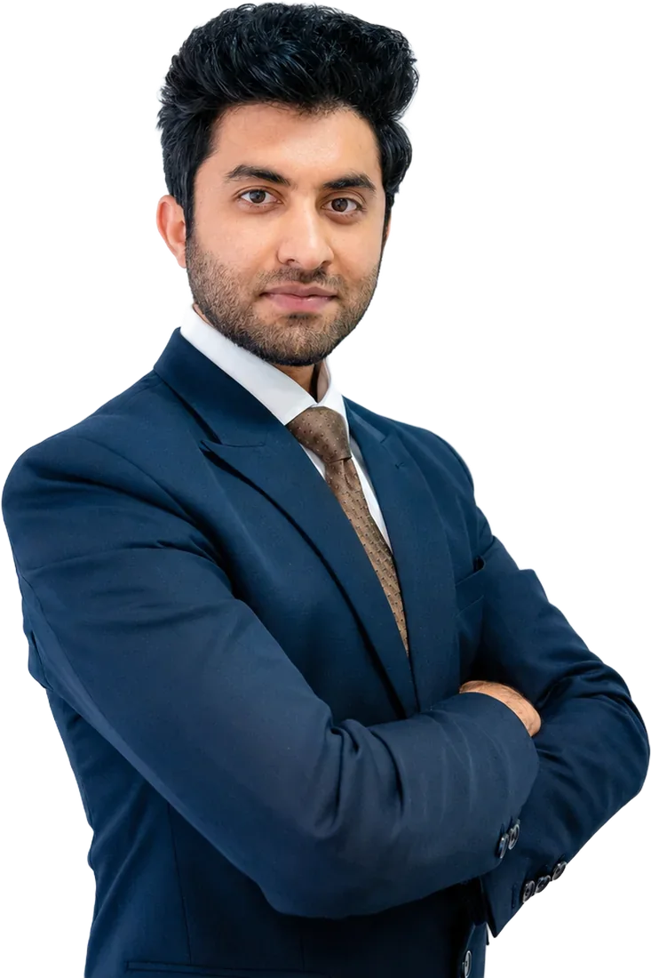 Nauman Zafar, Dubai-based advisor, in a navy suit with arms folded